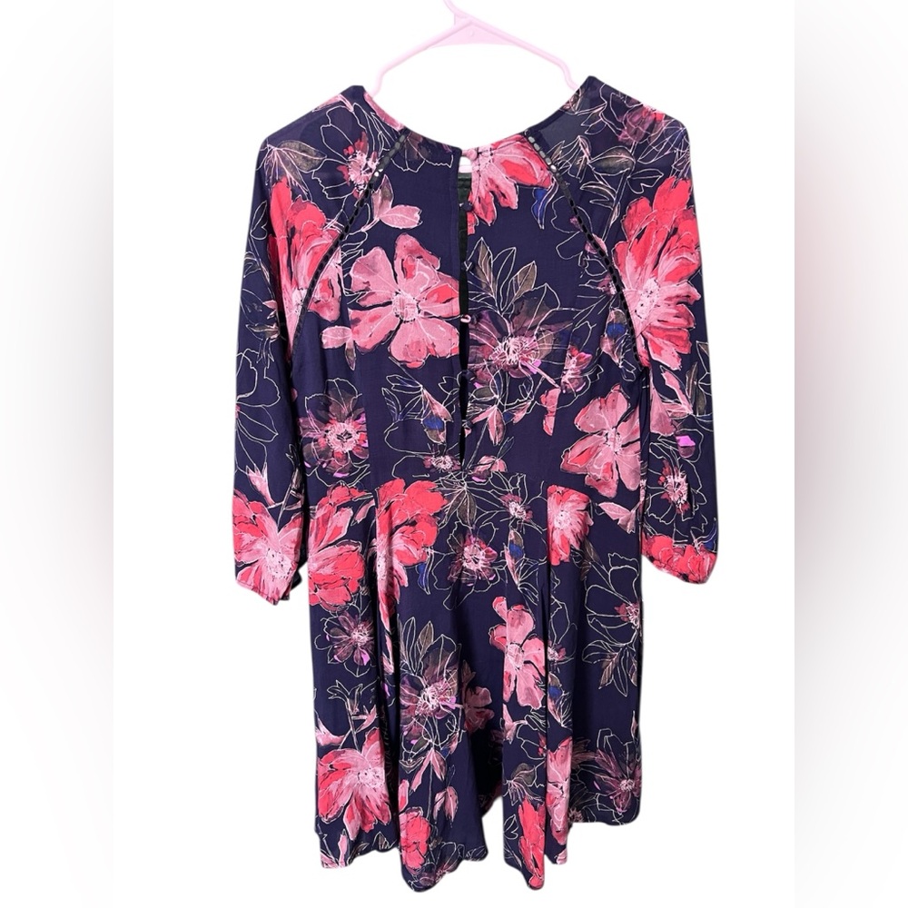 Rare Free People Navy Floral Long Sleeve Mini Dress – Size 2 – Boho Skater Style
